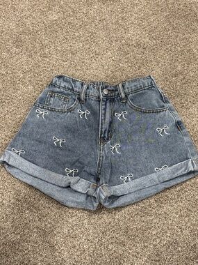 SHEIN Blue Denim Shorts with White Bow Embroidery